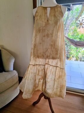 ENRICA Tan Tie-Dye SILK Blend MAXI DRESS Tiered Semi-Sheer L